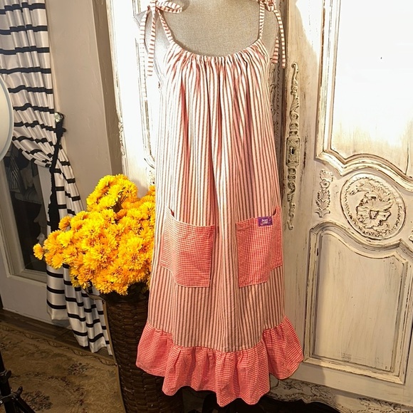 Dress A Girl Around The World Pink Ticking and Gingham CottageCor Prairie Dress - Picture 1 of 7